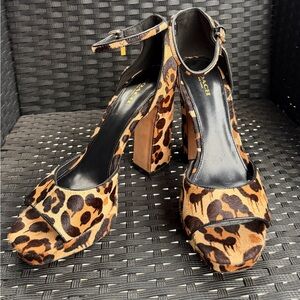 Coach 9.5B Leopard Calf Hair Block Heel Ankle Strap Platform Heels